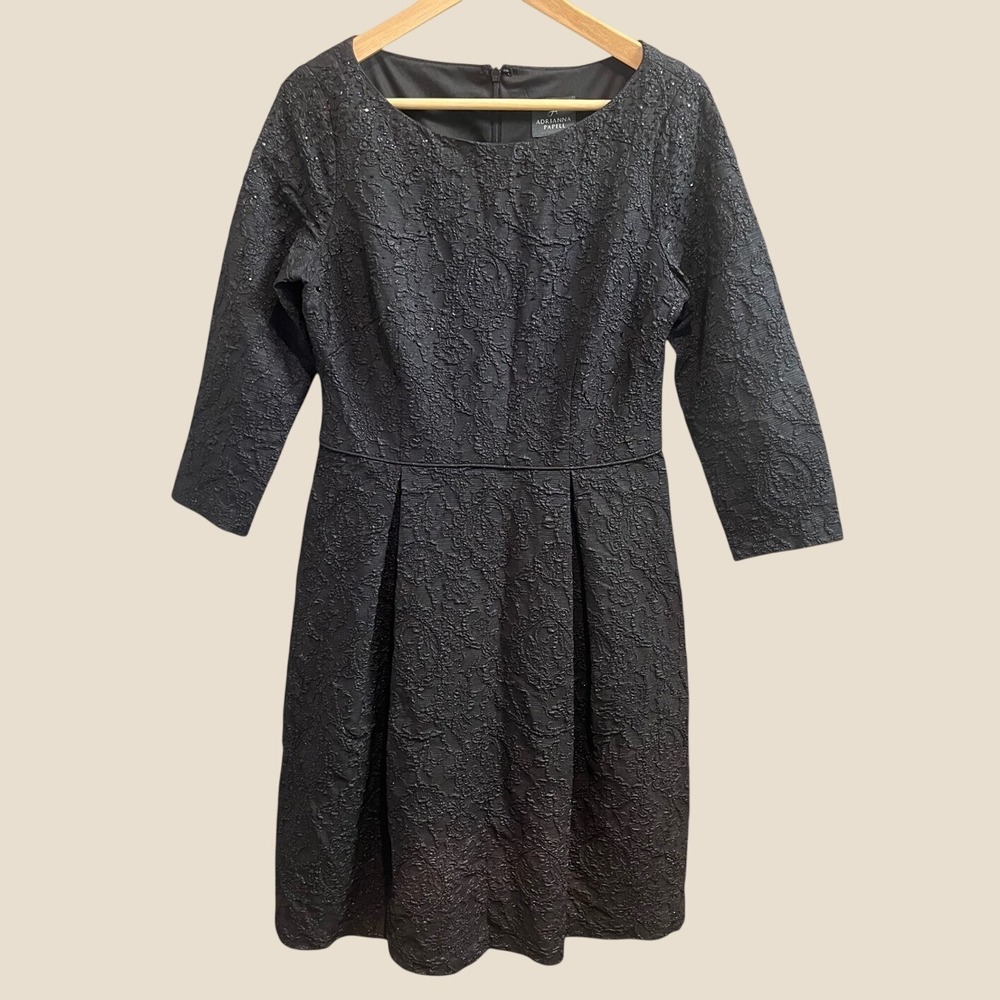 Adrianna Papell Fit & Flare Dress Womens Size 8 Black Jacquard 3/4 Sleeve Lined